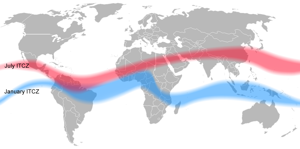 Abb. 3: Lage der ITC im Juli (rot) und Januar (blau). Man erkennt die unterschiedlichen Verläufe der ITC und wie weit sie vom Äquator entfernt sind. Quelle: Mats Halldin , CC-BY-SA 3.0,  Wikimedia .